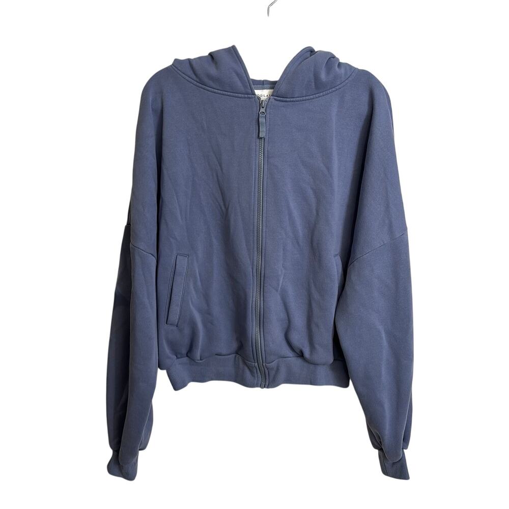 Blogilates PopFlex Hoodie Womens Large Blue Zip Cloud Cropped Oversized Fleece